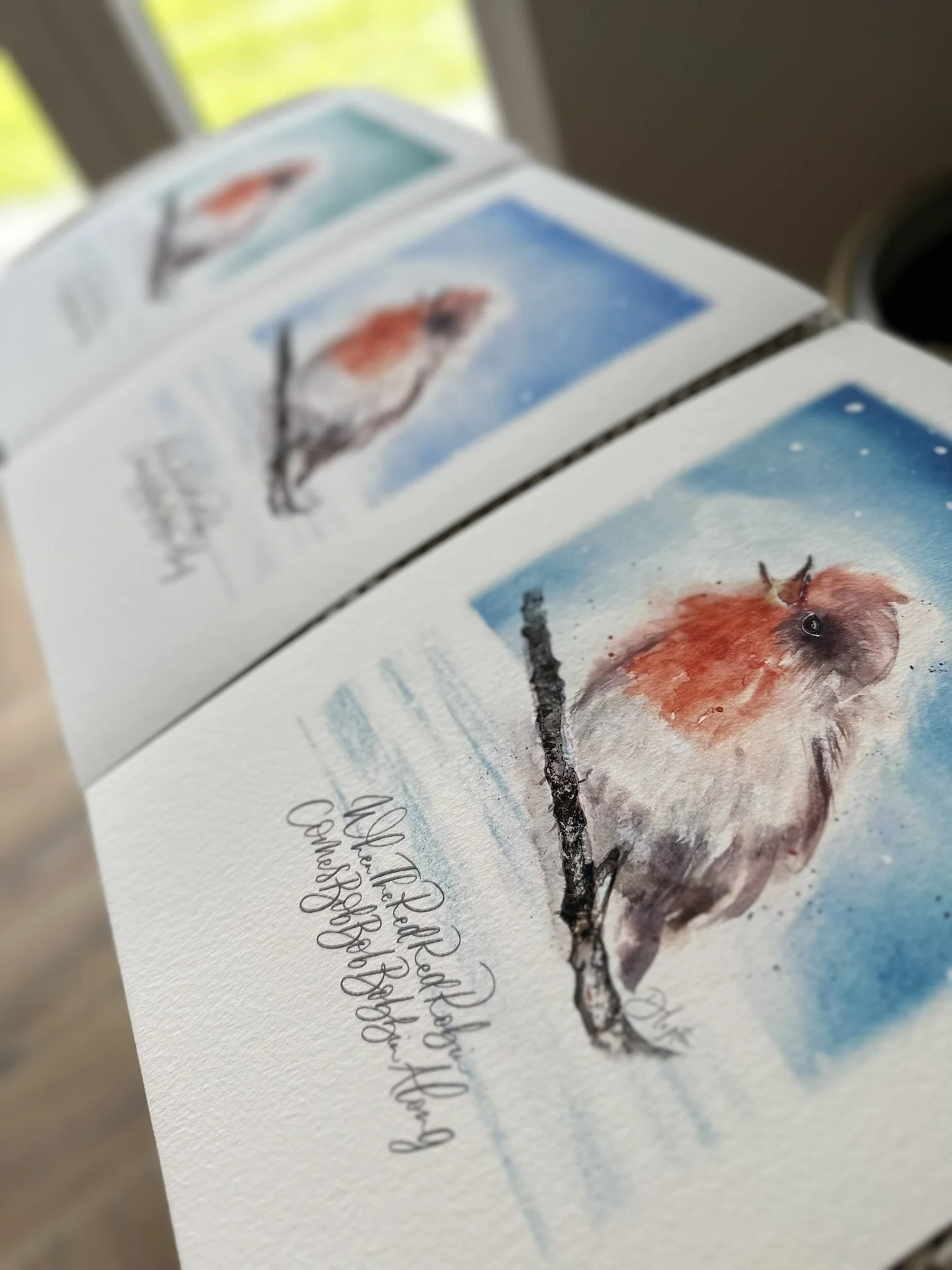 Art Print - Signed QS24 Watercolour Chatty Fluff the Red Robin desk view.JPEG