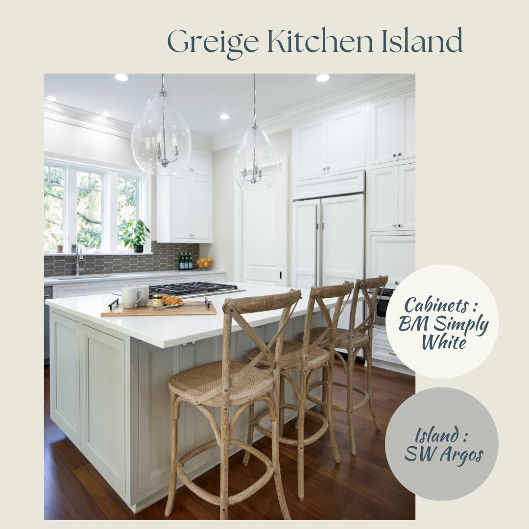 ✨ Summer Paint Series! ✨ This tried and true &ldquo;greige&rdquo; (grey + beige) paint color on the kitchen island is such a beautiful pairing with the cabinets. You can&rsquo;t go wrong with this combination! We hope these paint series help you see 