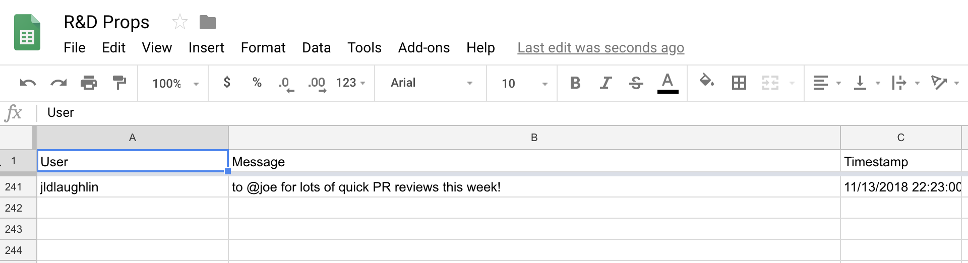 Posts props to a shared Google Sheet!