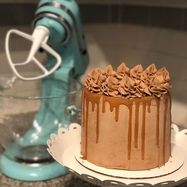 I have a new *real* job, so baking has taken a back seat. But this cake, chocolate filled with mousse and topped with salted caramel, was too scrumptious not to share 😍