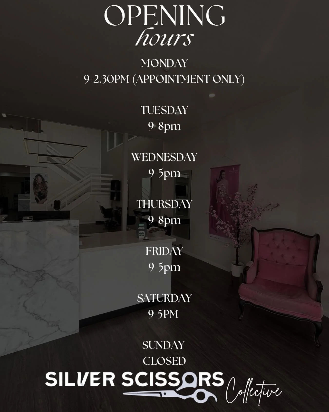 SILVER SCISSORS COLLECTIVE - NEW OPENING HOURS!!! We&rsquo;re excited to share that Silver Scissors Collective now offers appointments on Monday &amp; Saturdays! Our main salon, Silver Scissors has been busier than ever and we know it can be difficul