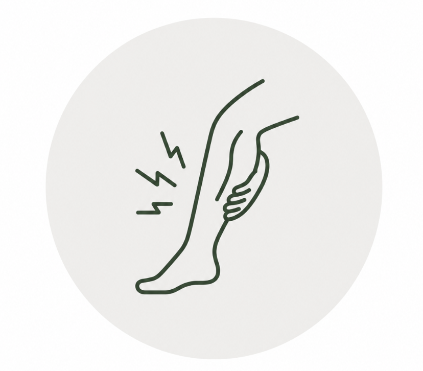Line drawing of a hand massaging a calf with lightning bolts indicating pain or discomfort.