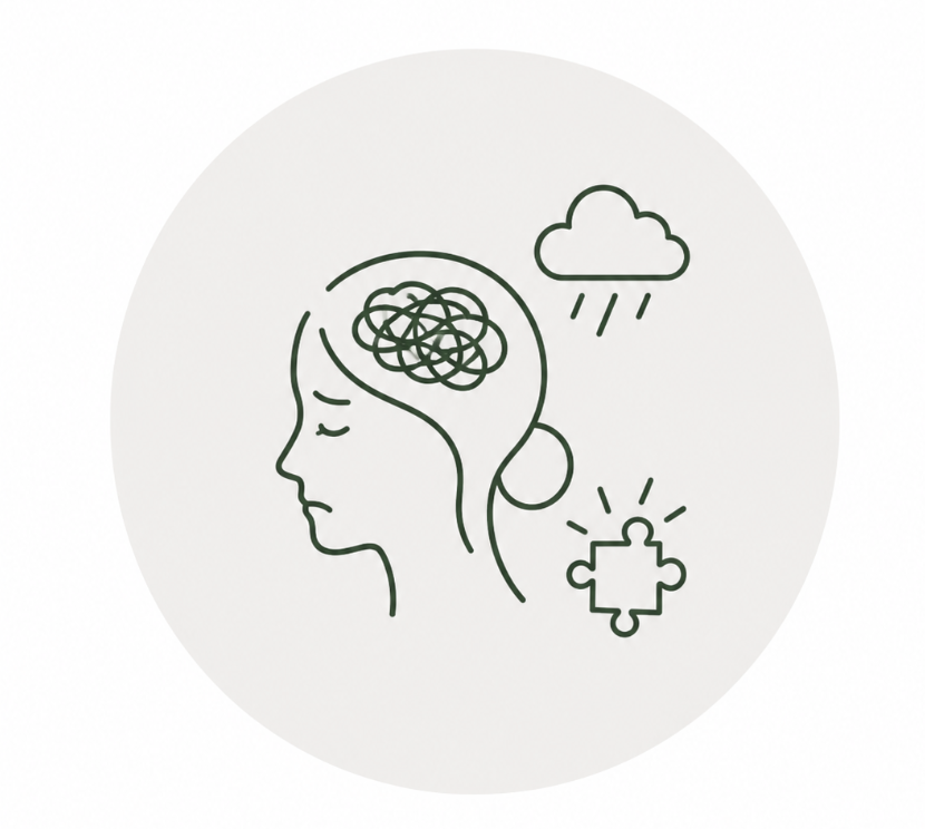 Line drawing of a woman's side profile with a tangled scribble in her head, rain cloud above, and a puzzle piece near her neck.