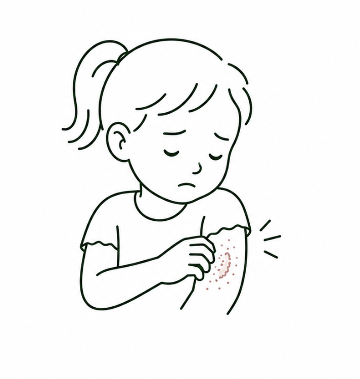 A girl with a ponytail looking sad or worried while scratching a red, irritated rash on her arm.