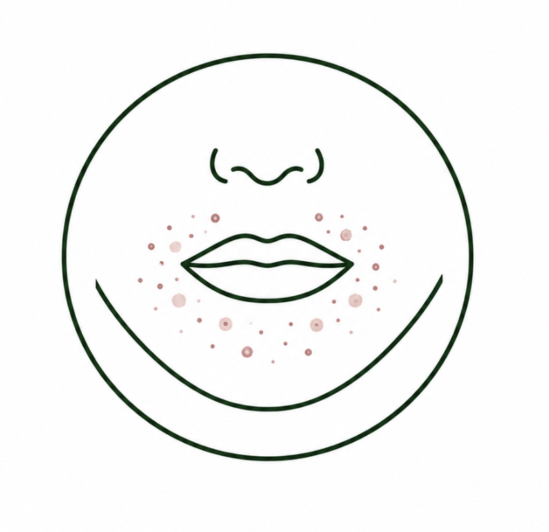 Line drawing of a woman's face with lips and nose, surrounded by red dots representing pimples or acne.