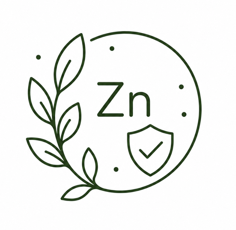 Line drawing of a leafy branch surrounding a shield with a checkmark, with the chemical symbol 'Zn' in the center, indicating zinc and protection.
