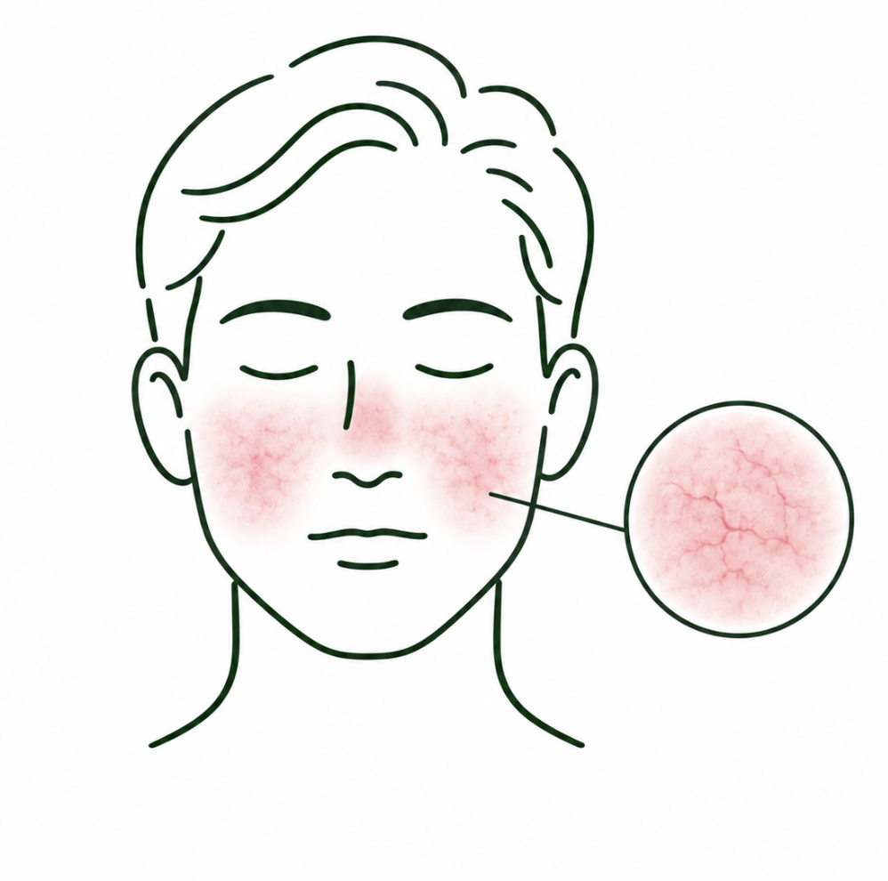 An illustration of a person with rosy cheeks and red, cracked skin on their nose, indicating a skin condition.