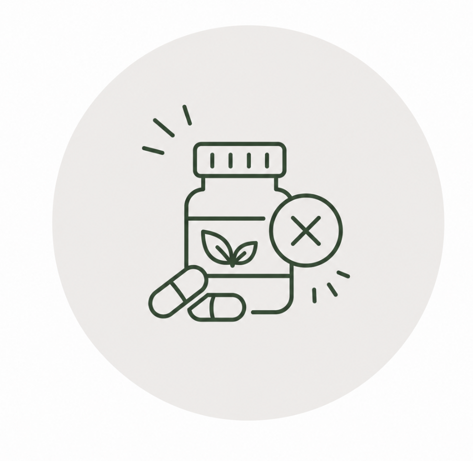 Illustration of a medication bottle with a leaf symbol, two pills, and a prohibition sign with a cross, indicating no herbal or supplement use.