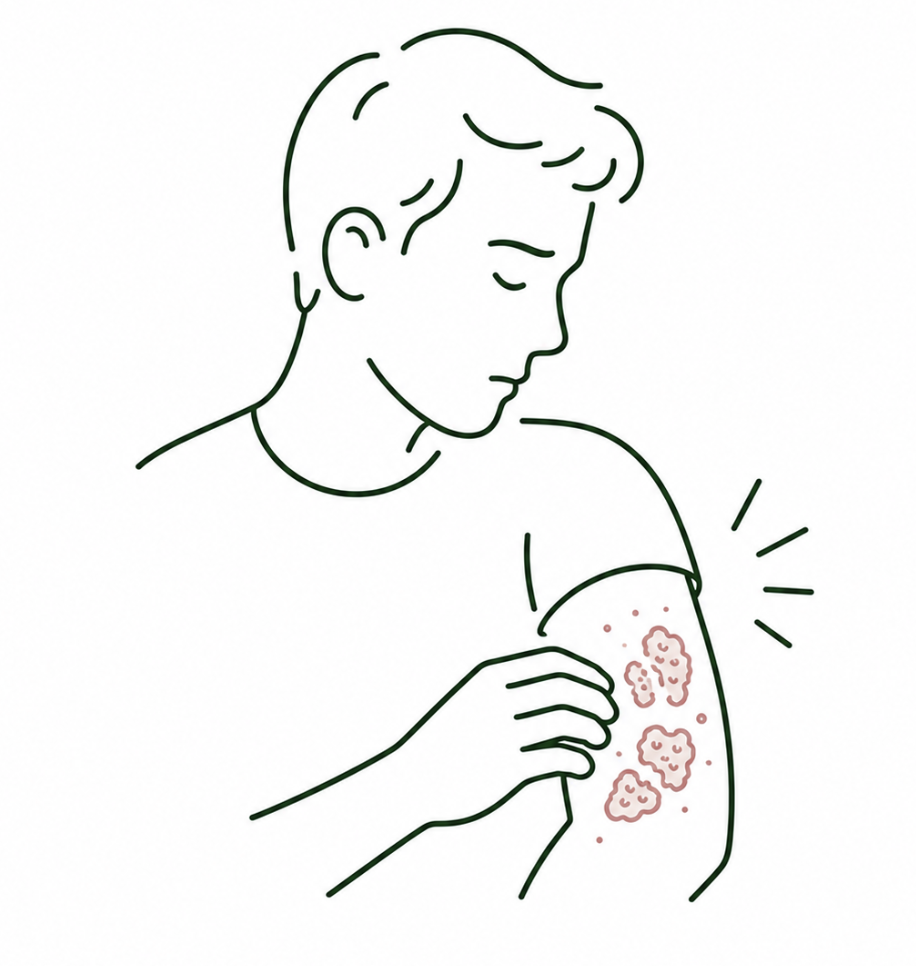 Line drawing of a young man scratching an irritated bumpy rash on his upper arm, with scratching motion indicated.