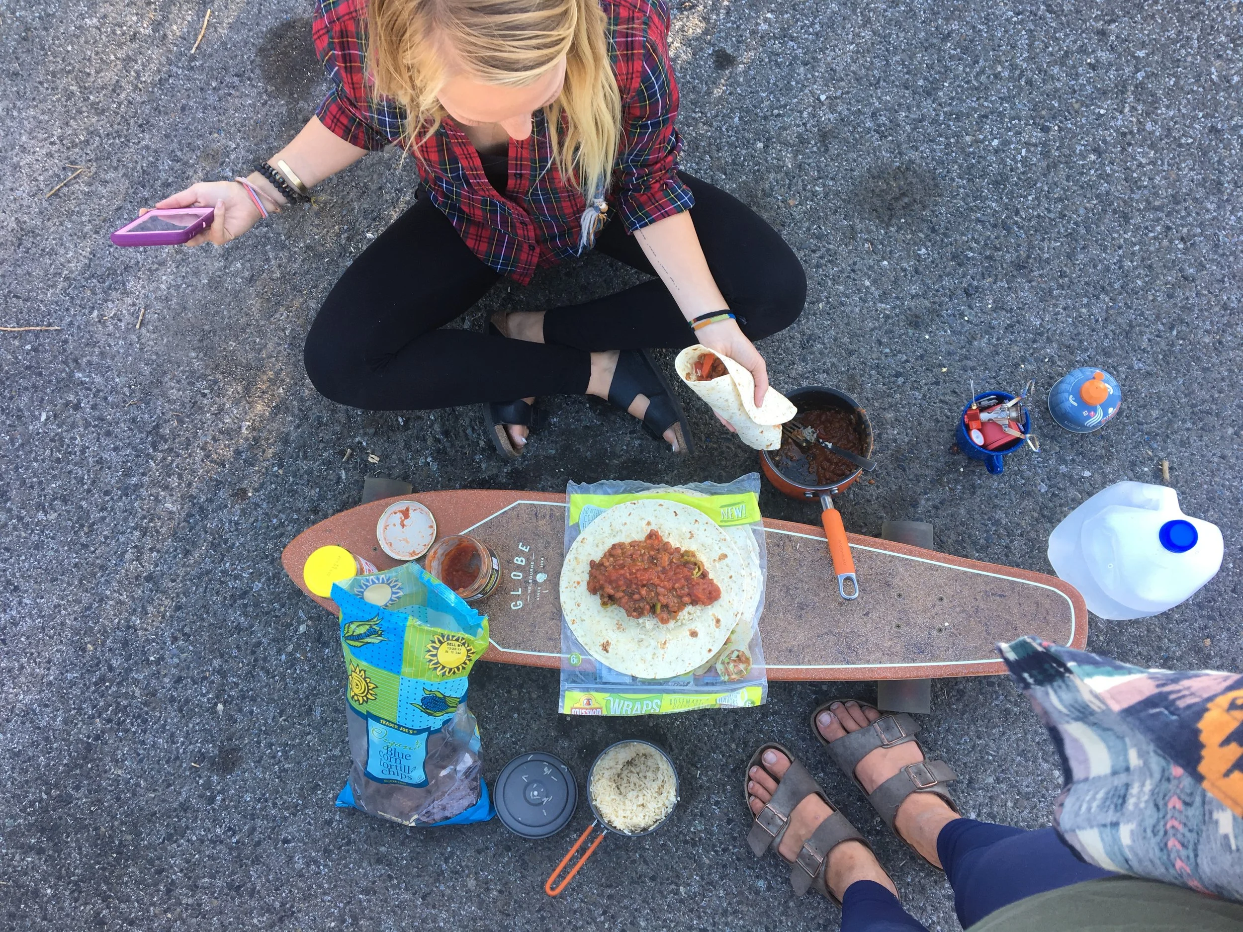Cooking “parking lot burritos” in Mt. Shasta, California