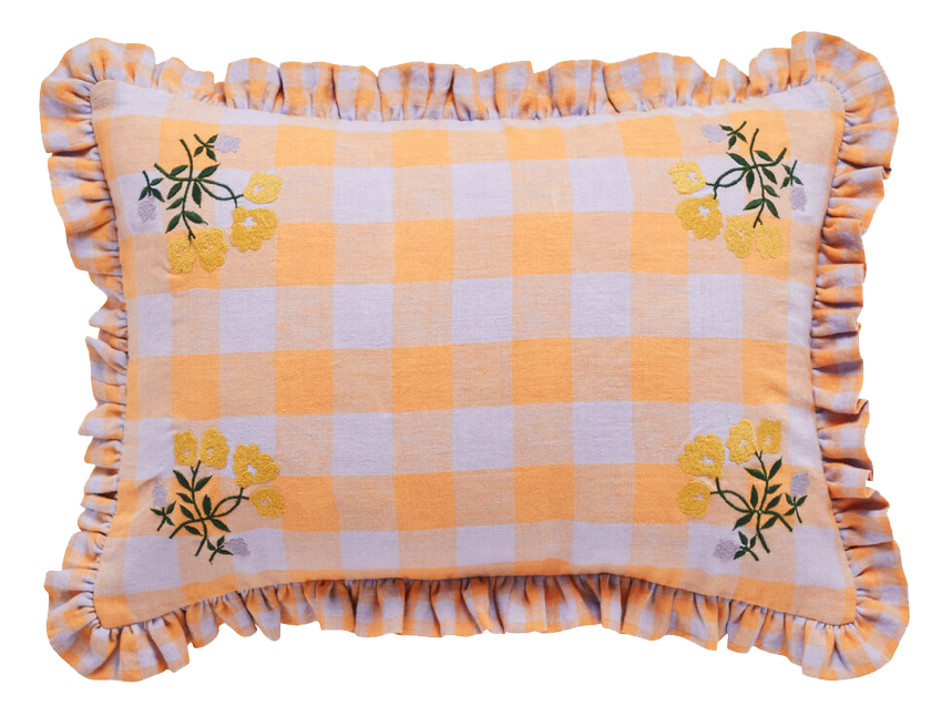 Leinikki gingham embroidery frill cushion - apricot - Project Tynny.png