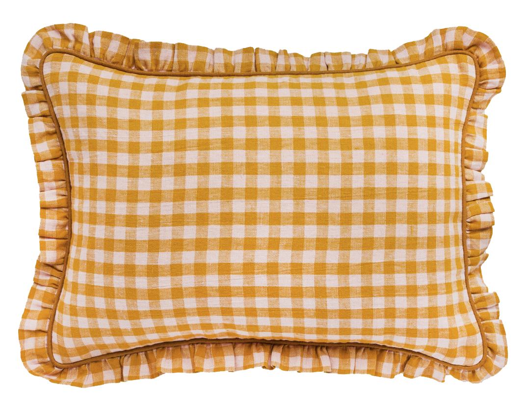 WES gingham frill cushion, mustard - Project Tynny.png