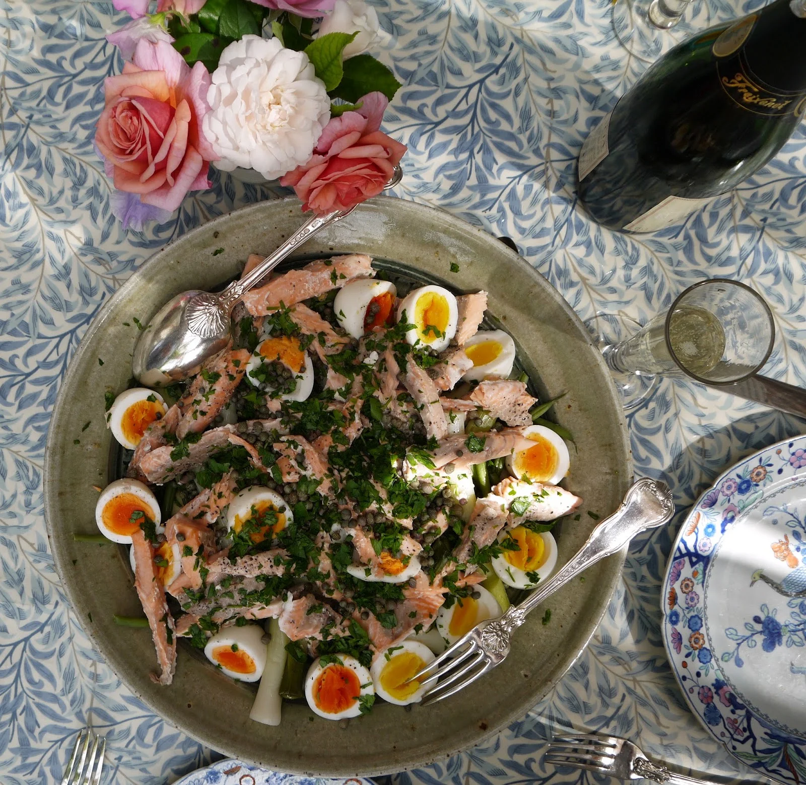 warm salmon salad with baby leeks and new potatoes