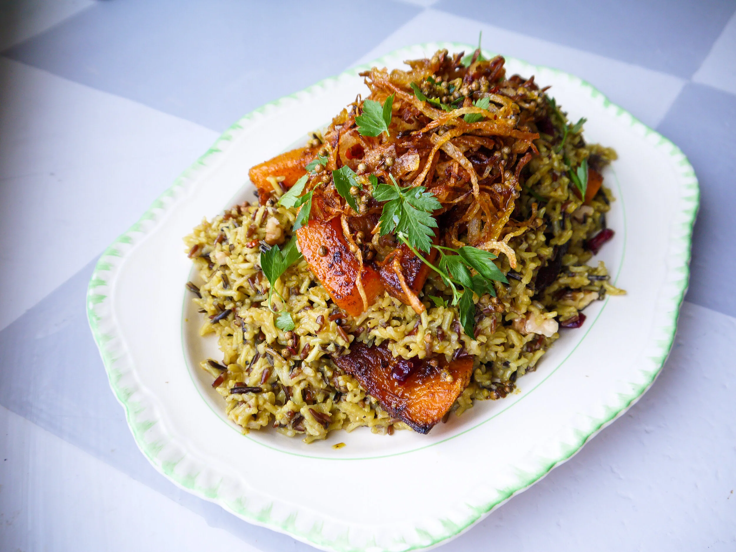Buttery spiced rice with squash and crispy onions
