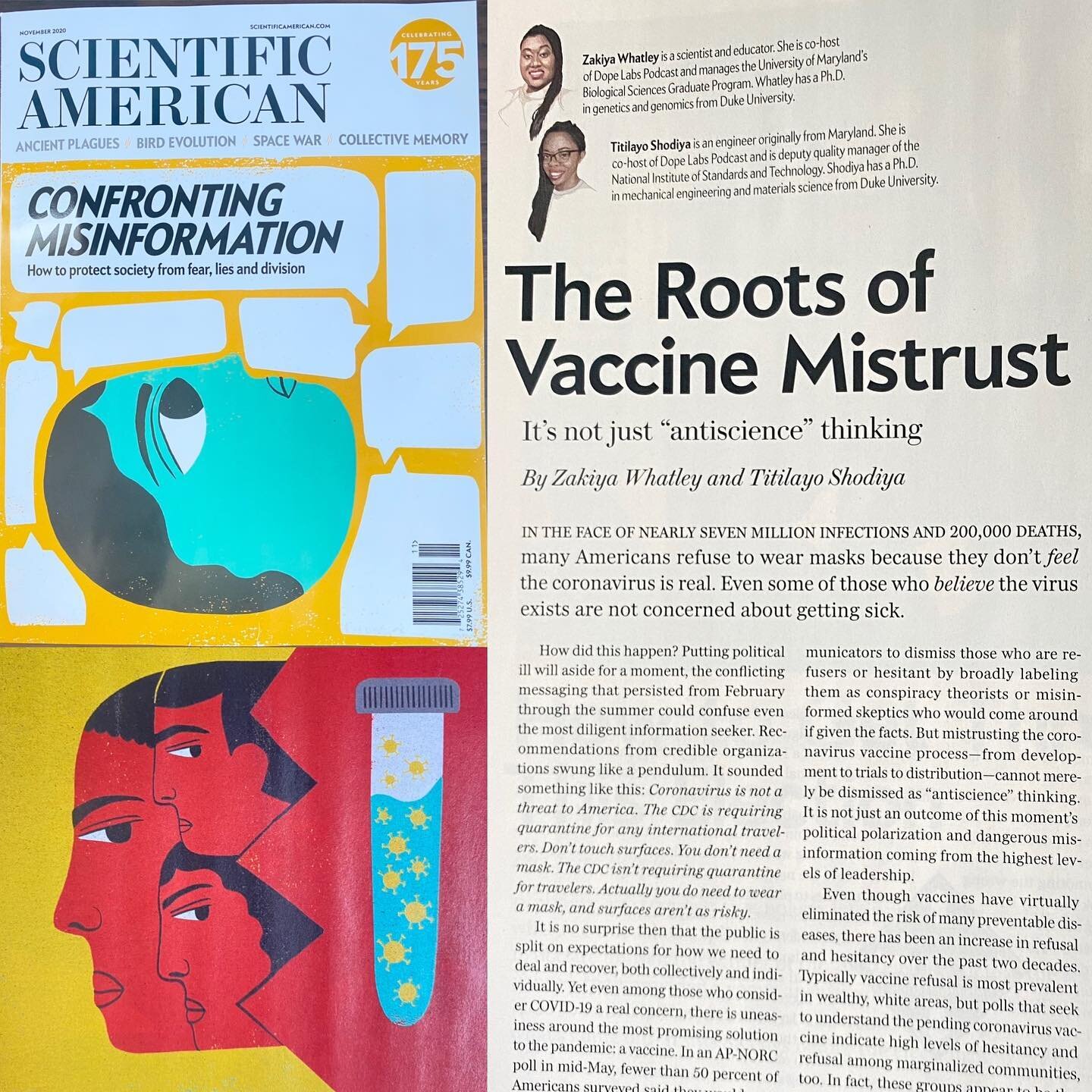 The vaccine is here!! 🎉 and both of us can&rsquo;t wait to take it! We knew not everyone would feel this way, so we wrote an article for the November issue of Scientific American (@scientific_american ). It&rsquo;s all about the rightful skepticism 