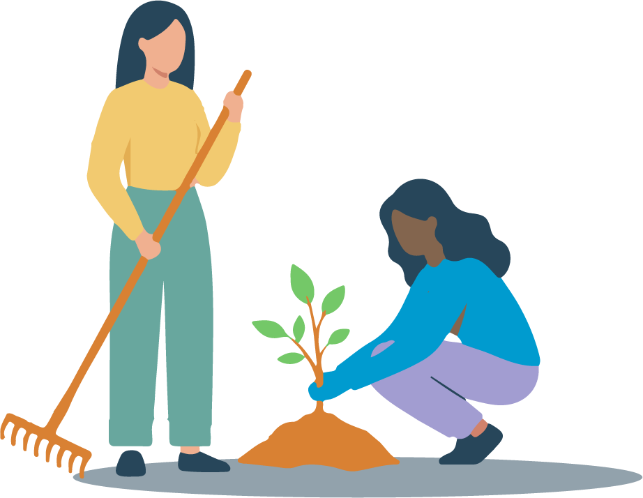 Illustration of woman planting a tree ad woman holding a rake