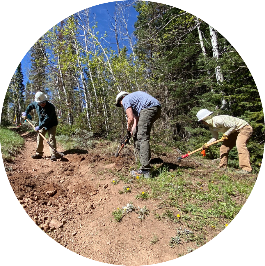 People using shovels and rakes building a trail