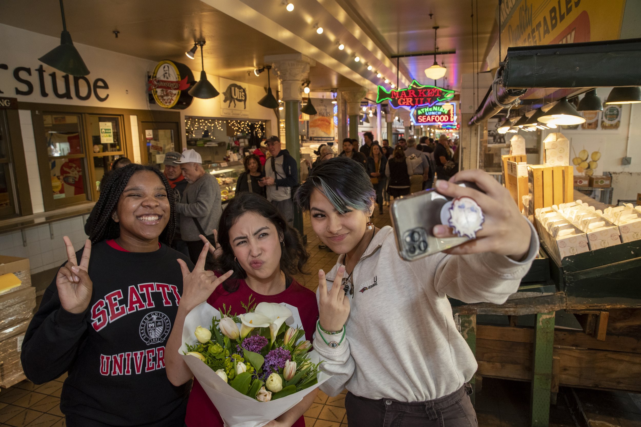Seattle U students exploring Pike Place