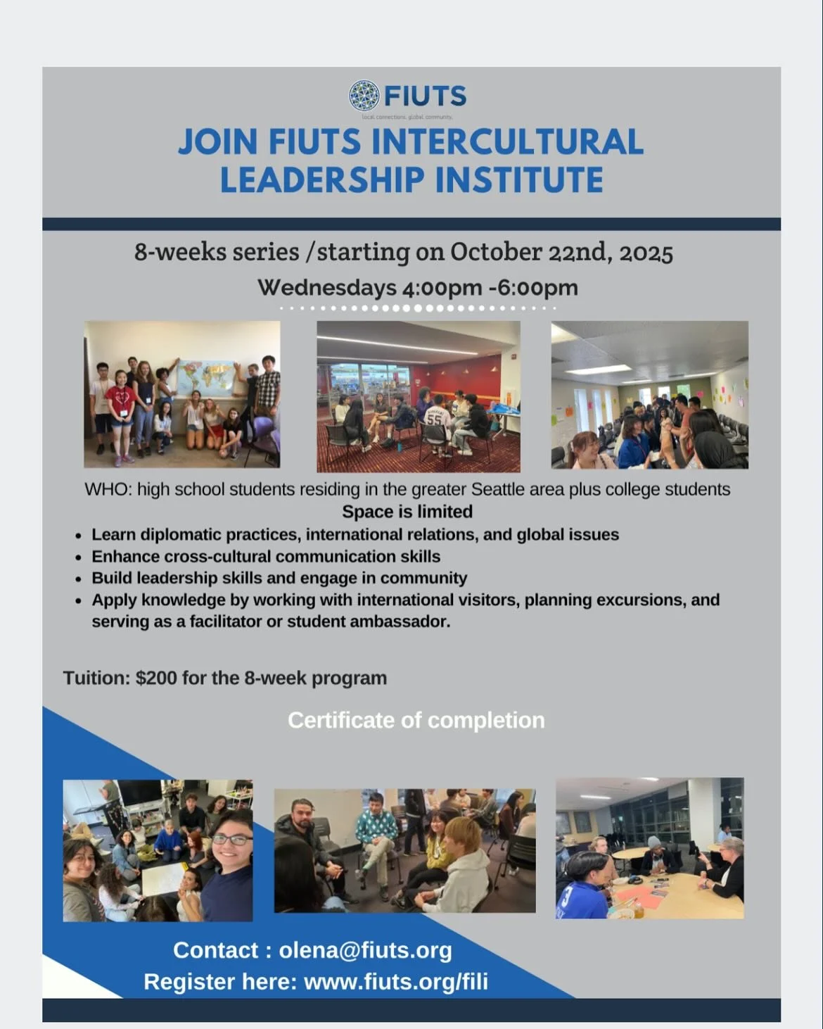 FIUTS intercultural leadership institute is launching our second 8-week series on October 22nd. Registration is open for high school and college students.
Join us for 8 weeks of interaction, collaboration and building new skills.
Volunteer service ho