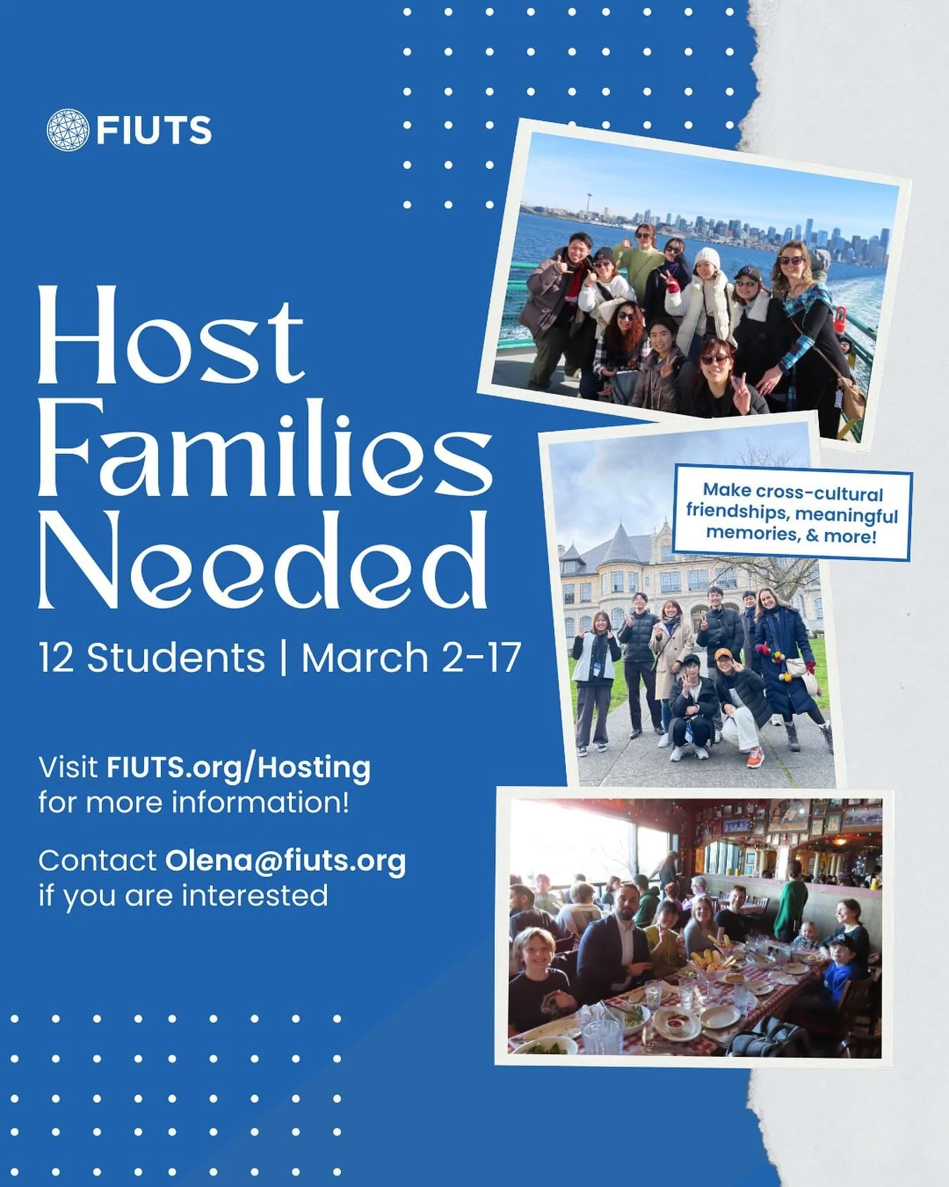 FIUTS needs YOU! 12 students from Ehime University in Japan are visiting Seattle from March 2-17 and we&rsquo;re looking for hosts to welcome them to their homes and culture 🌍💙

If you&rsquo;re Interested, visit fiuts.org/hosting &amp; contact olen