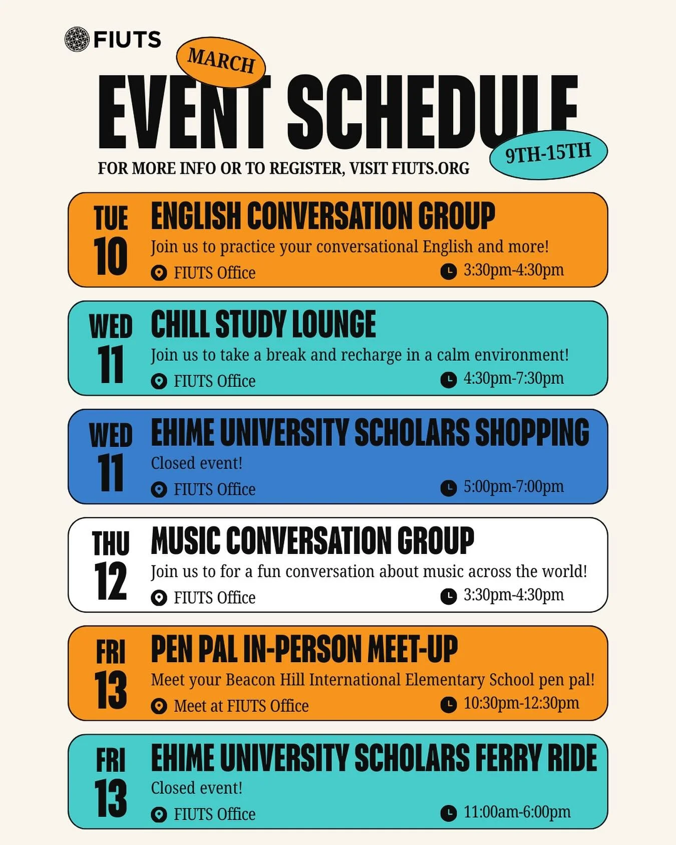 FIUTS is hosting SO MANY events this week (3/9-15)! Stop by for our English and Music Conversation Group, Chill Study Lounge, or Pen Pal In-person Meet-up! 💌🎶

Sign up now at fiuts.org!