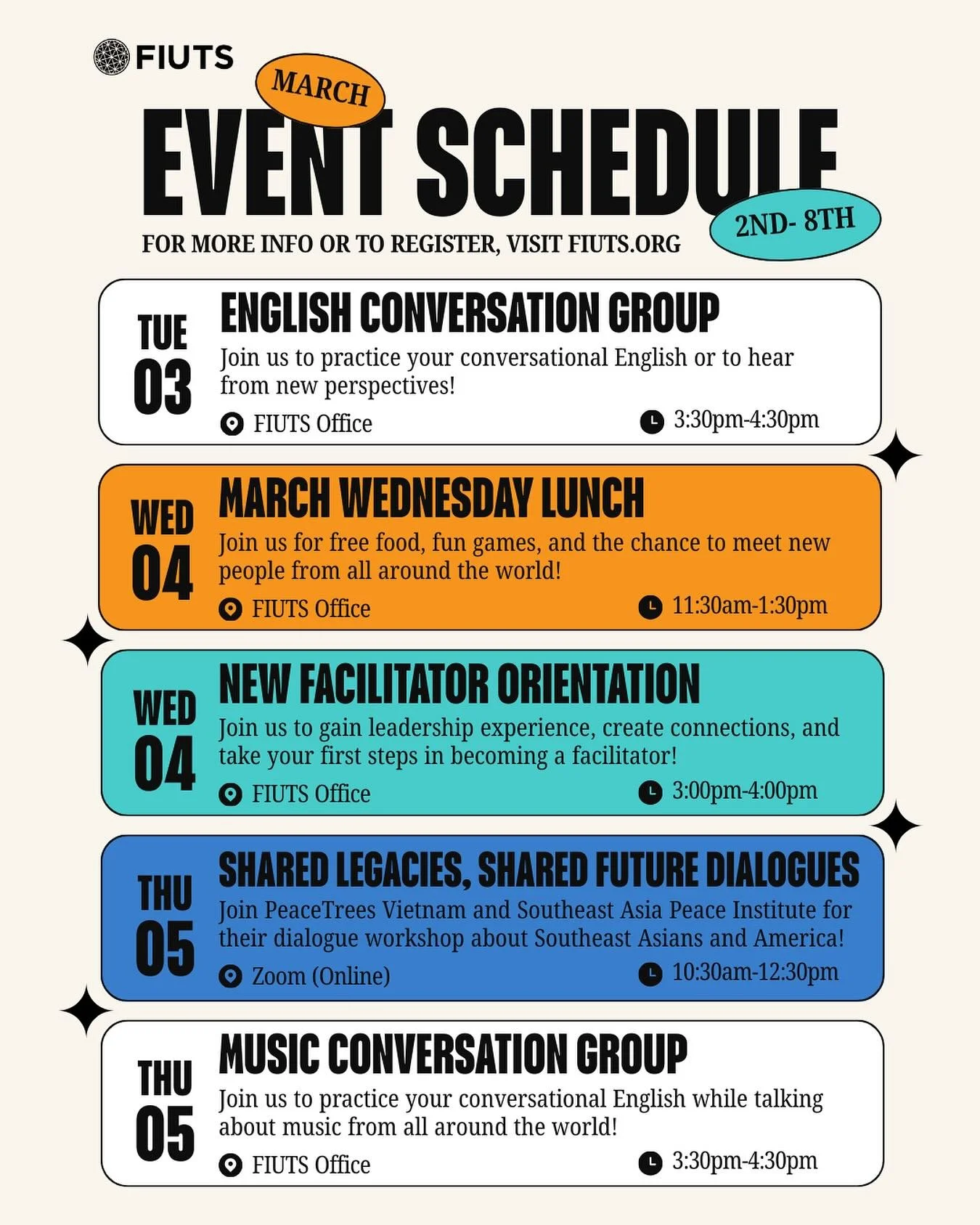 FIUTS invites YOU to join us for this week&rsquo;s (3/2-8) events! From Conversation Groups to our Wednesday Lunch, we have an event for everyone this week 🤗💙

Check out fiuts.org for more information and to register!