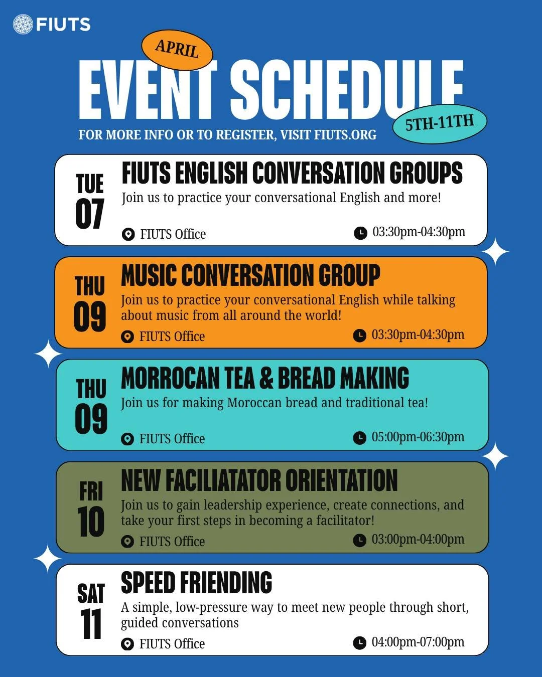 This week, we have a few unique events in addition to our typical weekly installations. We hope to see you there!

#fiutsnw#SeattleU#UW#UniversityofWashington#Moroccan#MorrocanTea&amp;BreadMaking#UniversityDistrict#Bellevue#English#EnglishLearning#Sp