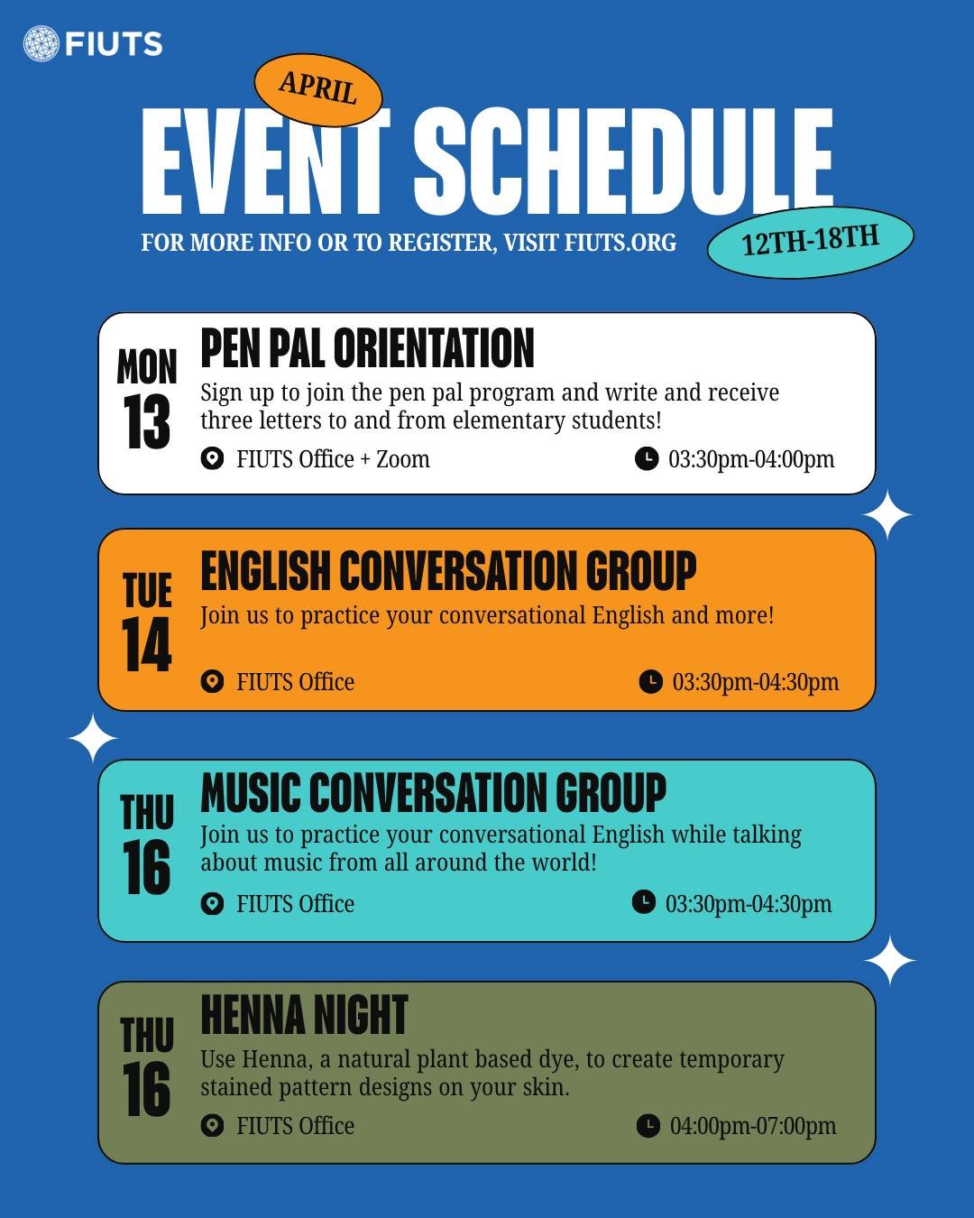 Looking for something to do this week? Join us this week for fun, educational and community centered events. We hope to see you there!

#fiuts#fiuts_nw#Seattle#UDistrict#UW#UniversityofWashington#SeattleU#Henna#Music#Conversation#EnglishLearning#Penp