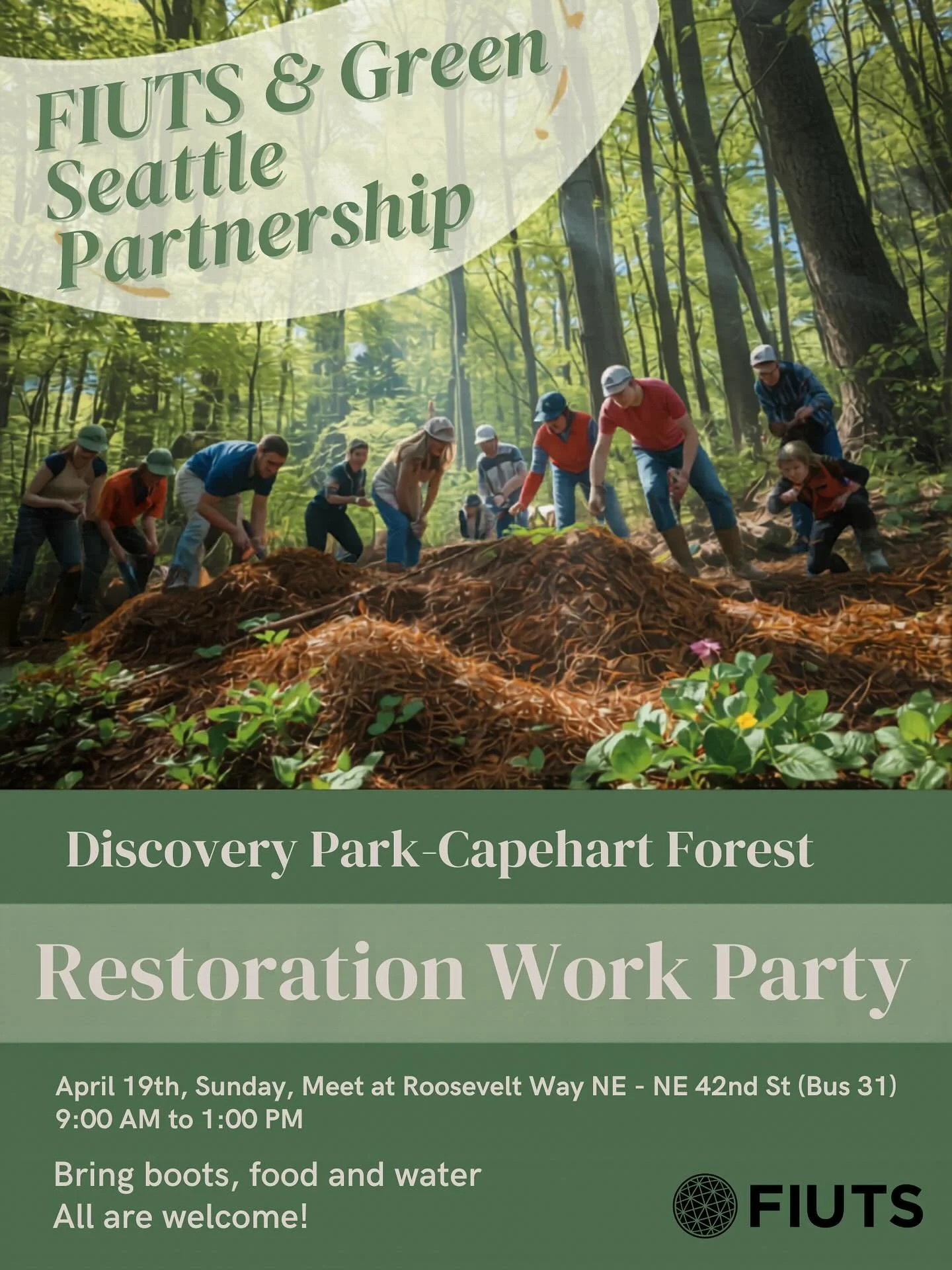 FIUTS joins Discovery Park&rsquo;s Restoration Work Party 🌿

Meet us at Roosevelt Way NE &amp; NE 42nd St (Bus Route 31) at 9AM to start our morning at 10AM of planting plants and more! 🧑&zwj;🌾

To register, visit FIUTS.org 🌎

#fiuts_nw#universit