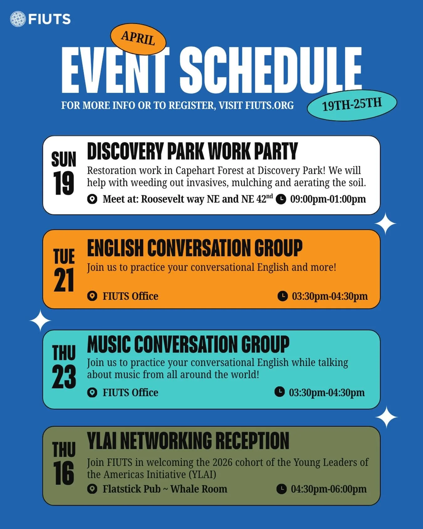This week, we have a Restoration work party in partnership with @greenseattlepartnership at Discovery Park! 🌲🌱

Then, we have our weekly English learning and community building workshops.

And finally, we finish off the week with the YLAI Networkin