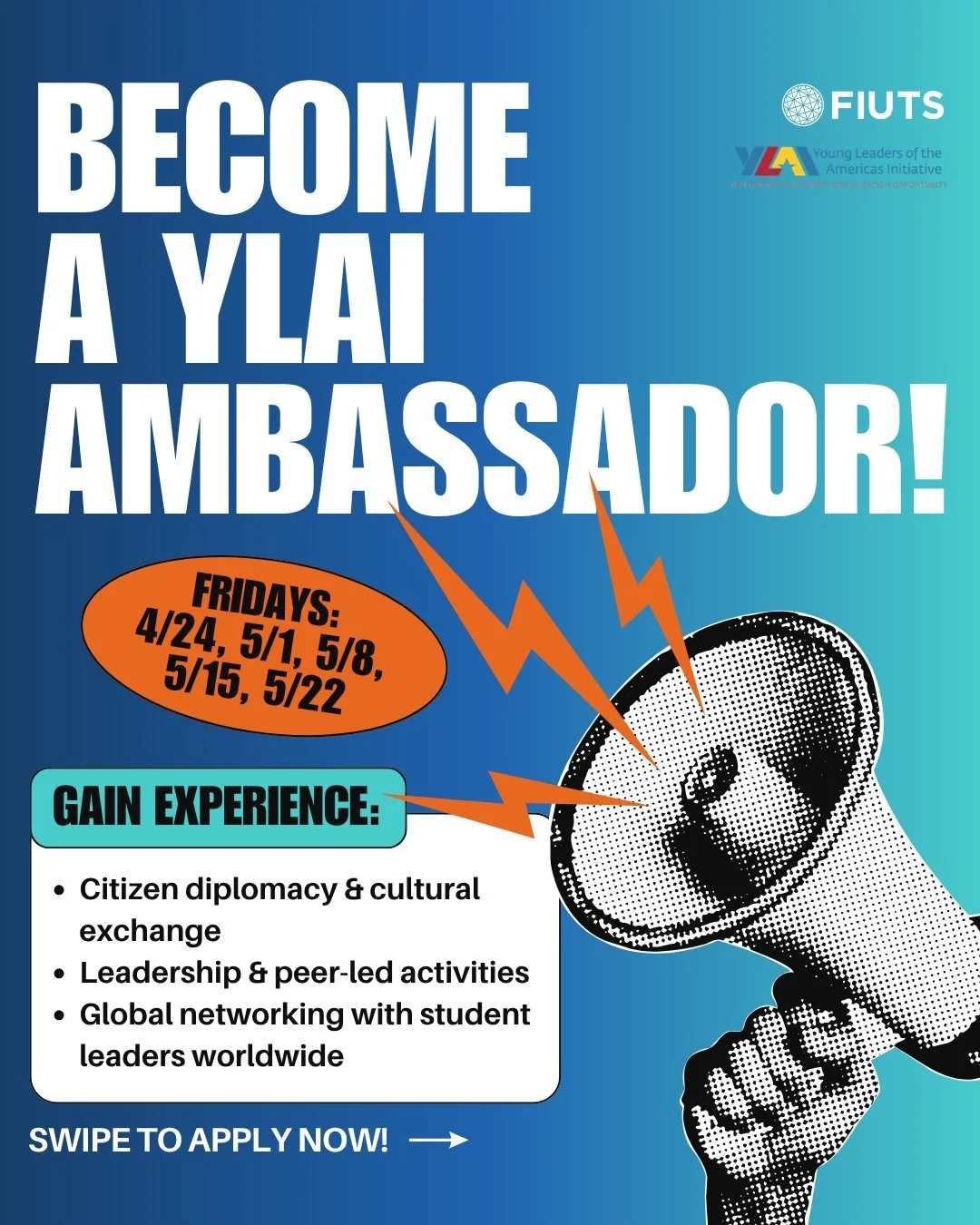 YLAI Ambassador applications out NOW! 🙌

🗓️ When? Fridays: April 24-May 22nd

What to expect? 
- Free
- Service hours available
- Open to grad students, alumni, &amp; young professionals 

Apply now at our QR Code or fiuts.org!

#fiuts#seattle#ylai