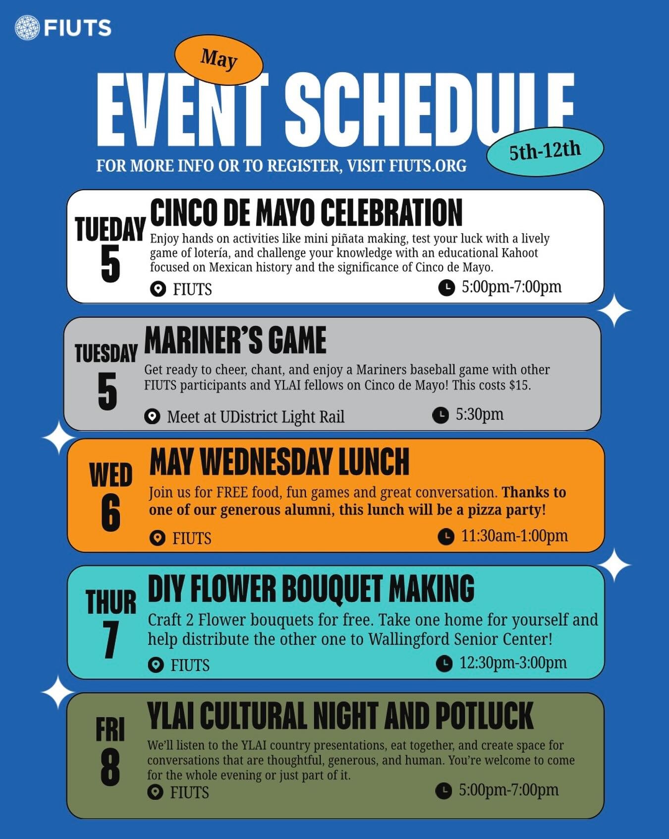 We would love to have you at our early May events! Get out and enjoy the beautiful Seattle community with FIUTS! 🌍😁🧢🤩 *Note that 2 of these events are today!
