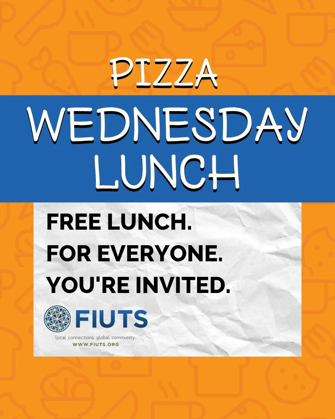 Free Pizza Wednesday Lunch 🍕

Join FIUTS for our Wednesday Lunch TOMORROW (5/6) at 11:30AM-1:30PM for free pizza, fun games &amp; great conversation! 💙🍽️ Thanks to one of our generous donors, this month is a pizza party, so don&rsquo;t miss out!

