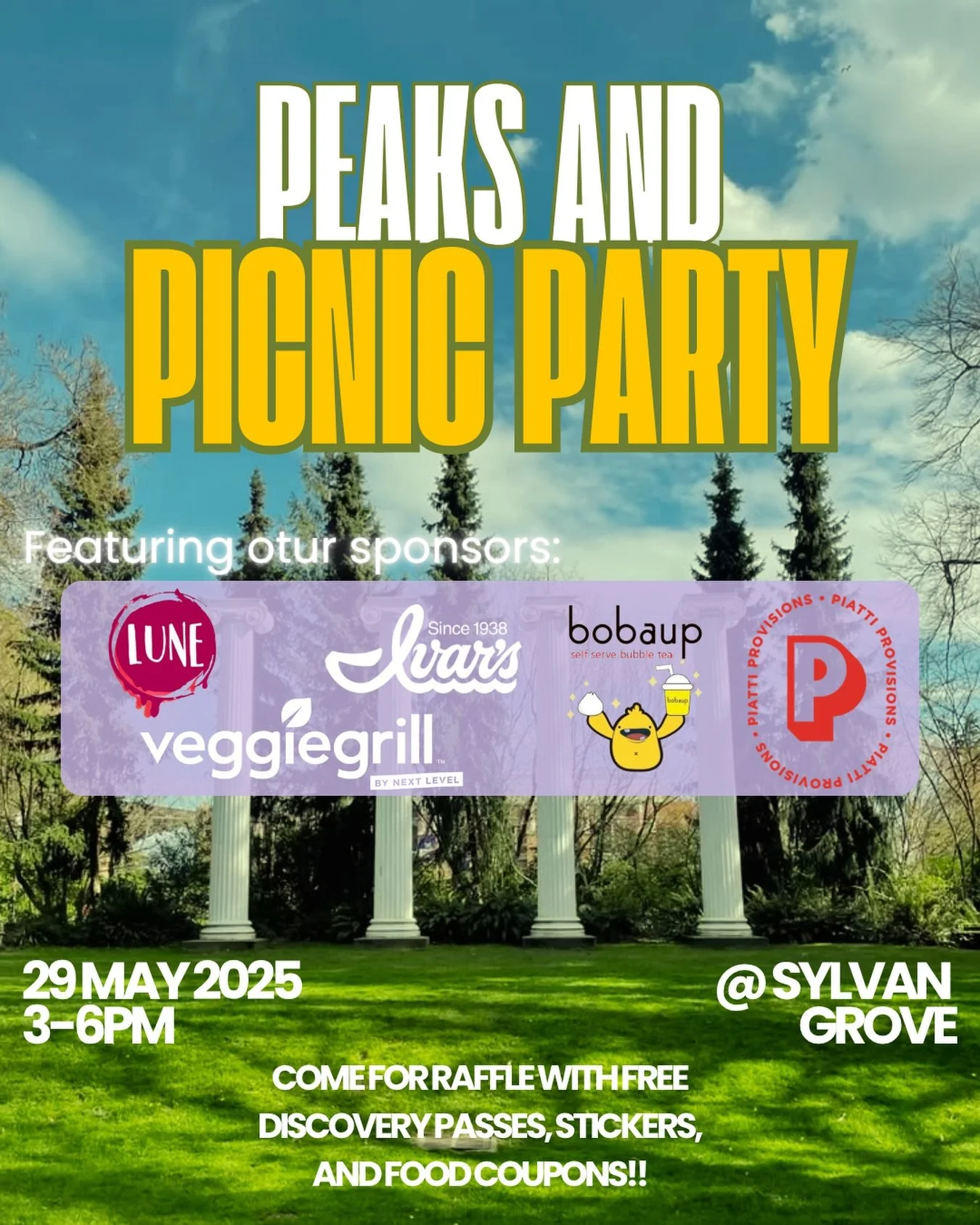 End-of-Year Picnic with Peaks &amp; Professors 🧺🍀 

Join FIUTS with Peaks &amp; Professors for an end-of-year celebration NEXT FRIDAY (5/29) from 3-6PM at Sylvan Grove! Enjoy free food from Ivar&rsquo;s, Lune, Veggie Grill, Boba Up, and Piatti Prov