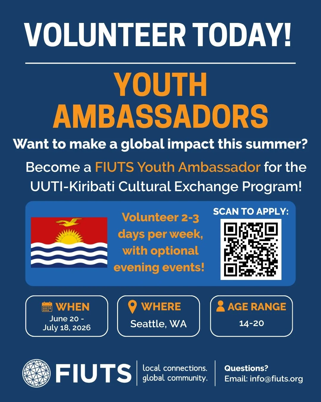 UUTI-Kiribati Youth Ambassador applications are OPEN! 🇰🇮☀️

🗓️ When? June 20 - July 18, 2026 
📍 Where? Seattle, WA

What to expect?
- Cross-cultural connections 
- Service hours available
- Open to ages 14-20

Apply now through the QR code or at 