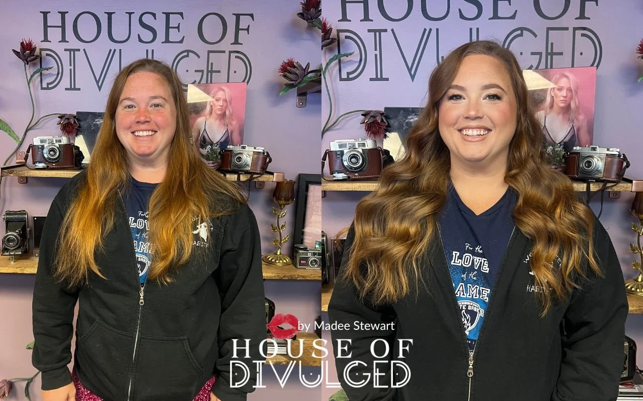 Side-by-side portraits show a woman before and after professional hair and makeup styling at House of Divulged.
