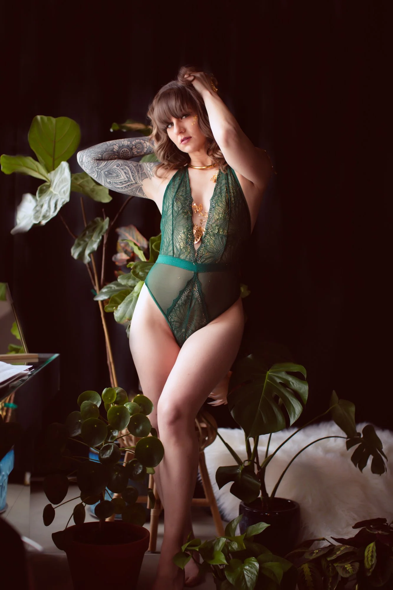 Women in green lingerie with gold foil