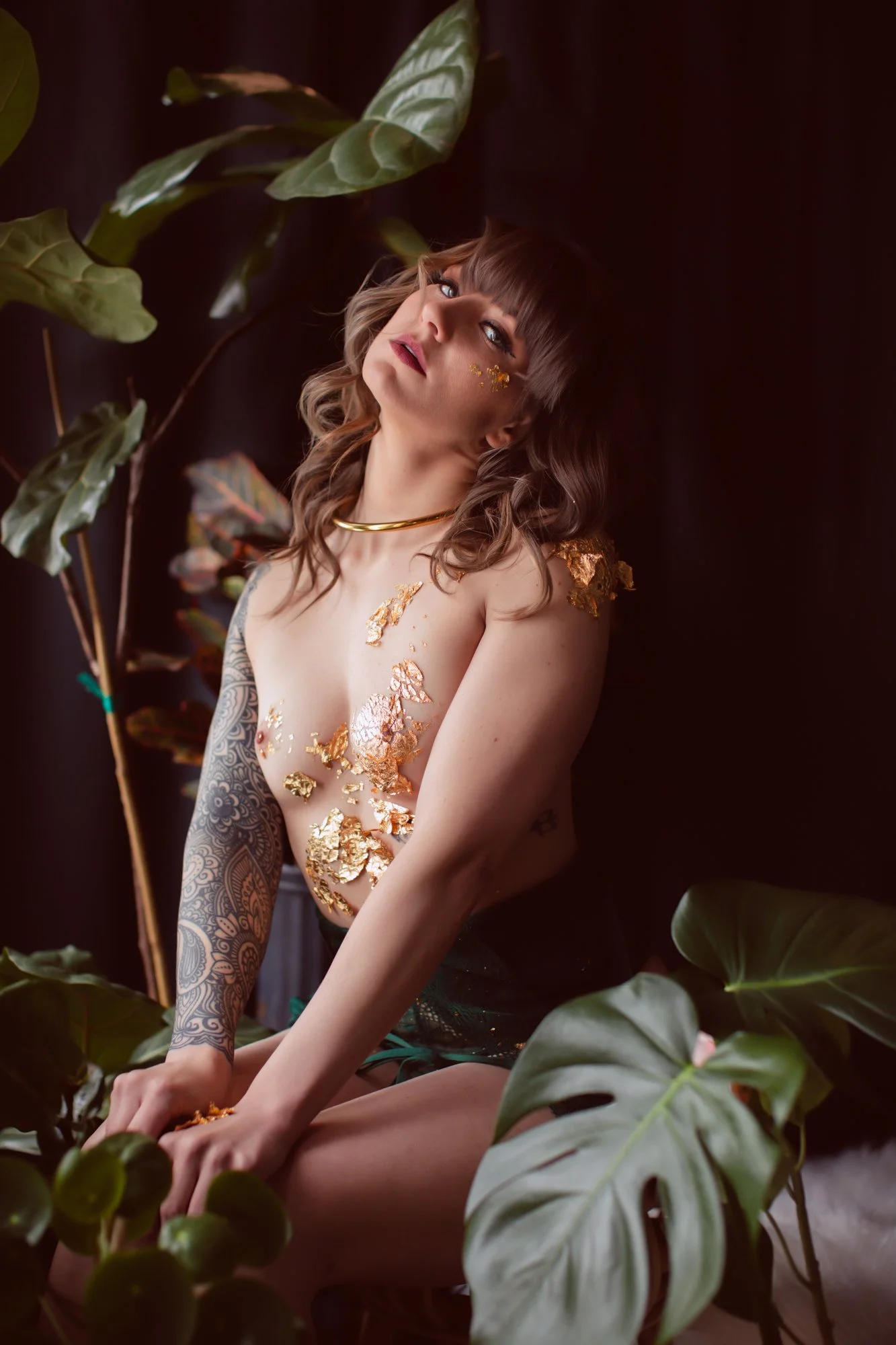 Women in green lingerie with gold foil