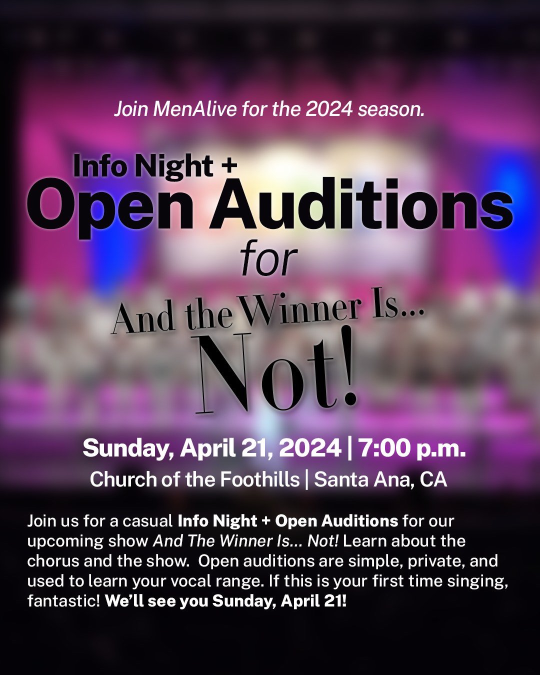 Join us for a casual Info Night + Open Auditions for our upcoming show, And The Winner Is... Not! Learn about the chorus and the show.  Open auditions are simple, private, and used to learn your vocal range. If this is your first time singing, fantas