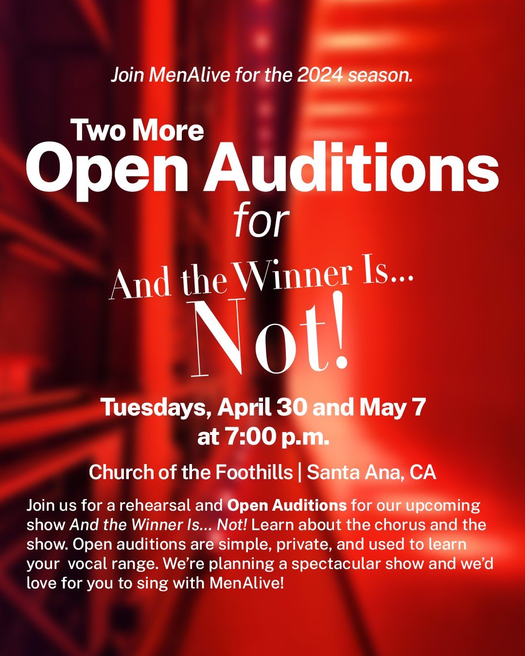 Join us tomorrow and next Tuesday for rehearsal and Open Auditions for our upcoming show, And the Winner Is... Not! Learn about the chorus and the show. Open auditions are simple, private, and used to learn your vocal range. We&rsquo;re planning a sp