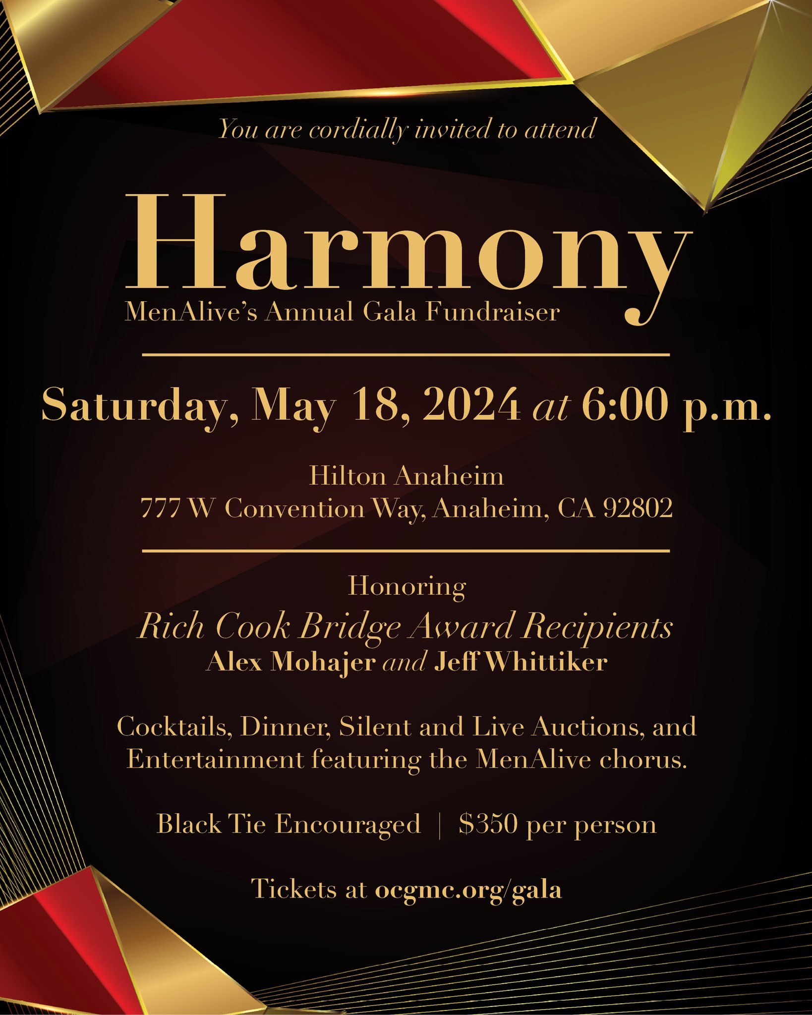 Mark your calendars and join MenAlive for our annual Harmony Gala on Saturday, May 18, at the Hilton Anaheim. It'll be an evening of great company, awesome entertainment, and scrumptious food! See the link in the bio for tickets and details.

#menali