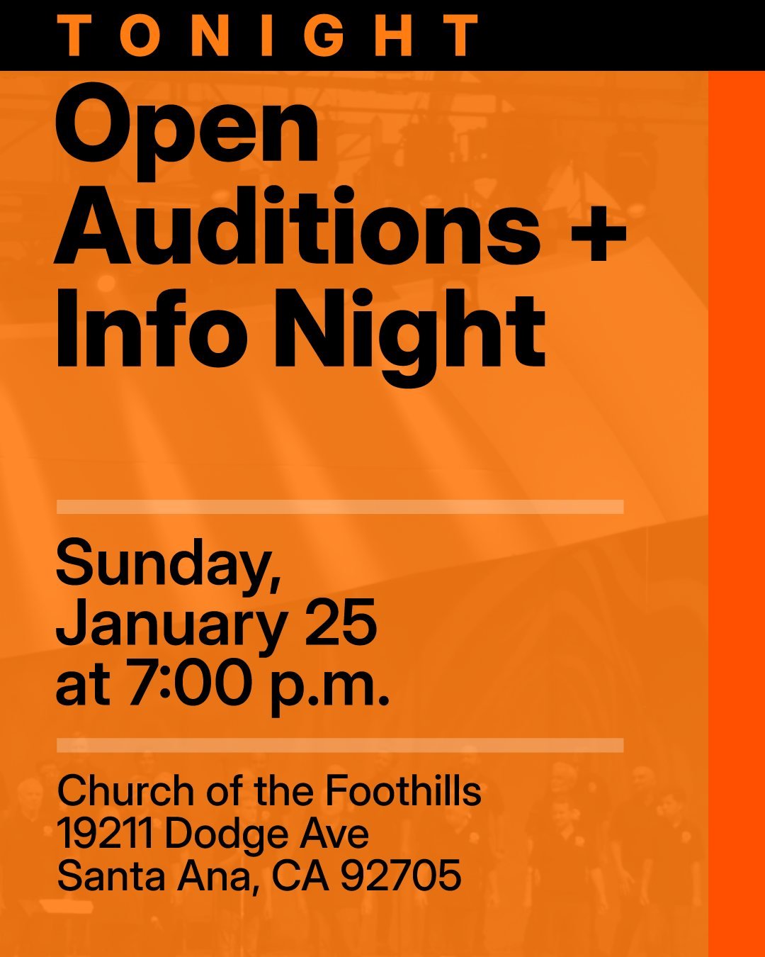 🎹 Open Auditions + Info Night is this evening starting at 7:00 p.m. at the Church of the Foothills (19211 Dodge Ave, Santa Ana, CA 92705)! 🎶 Now is the time to come and join MenAlive for our upcoming season - it's going to be amazing!

All skill le