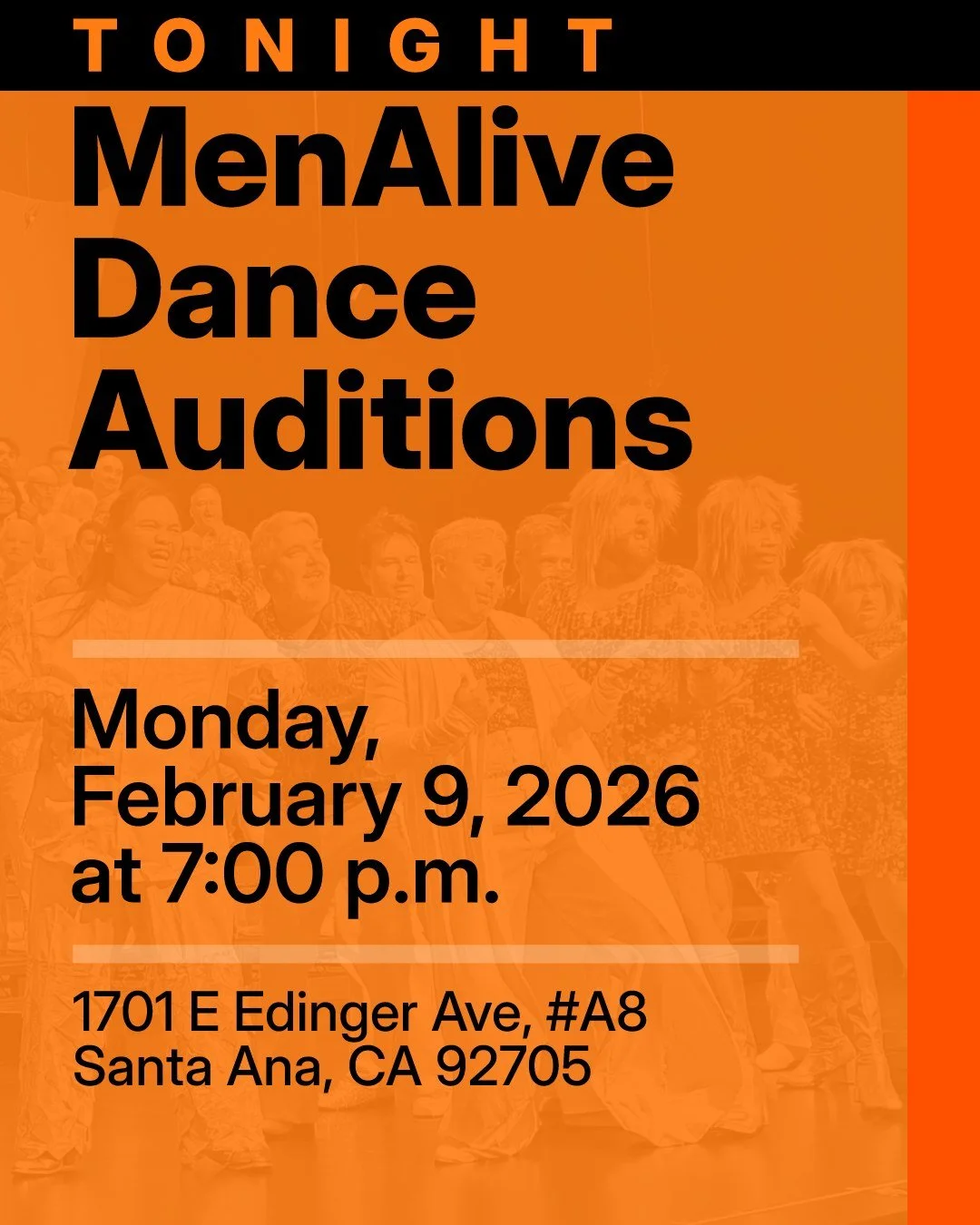 Tonight! 🩰 MenAlive Dance Auditions for MenAlive 25: Finding Your Voice! 🏳️&zwj;🌈 First time in the spotlight? Seasoned performer? All levels of dancers are welcome to audition.
 
DM us for details. Or check out our blog at ocgmc.org or click the 