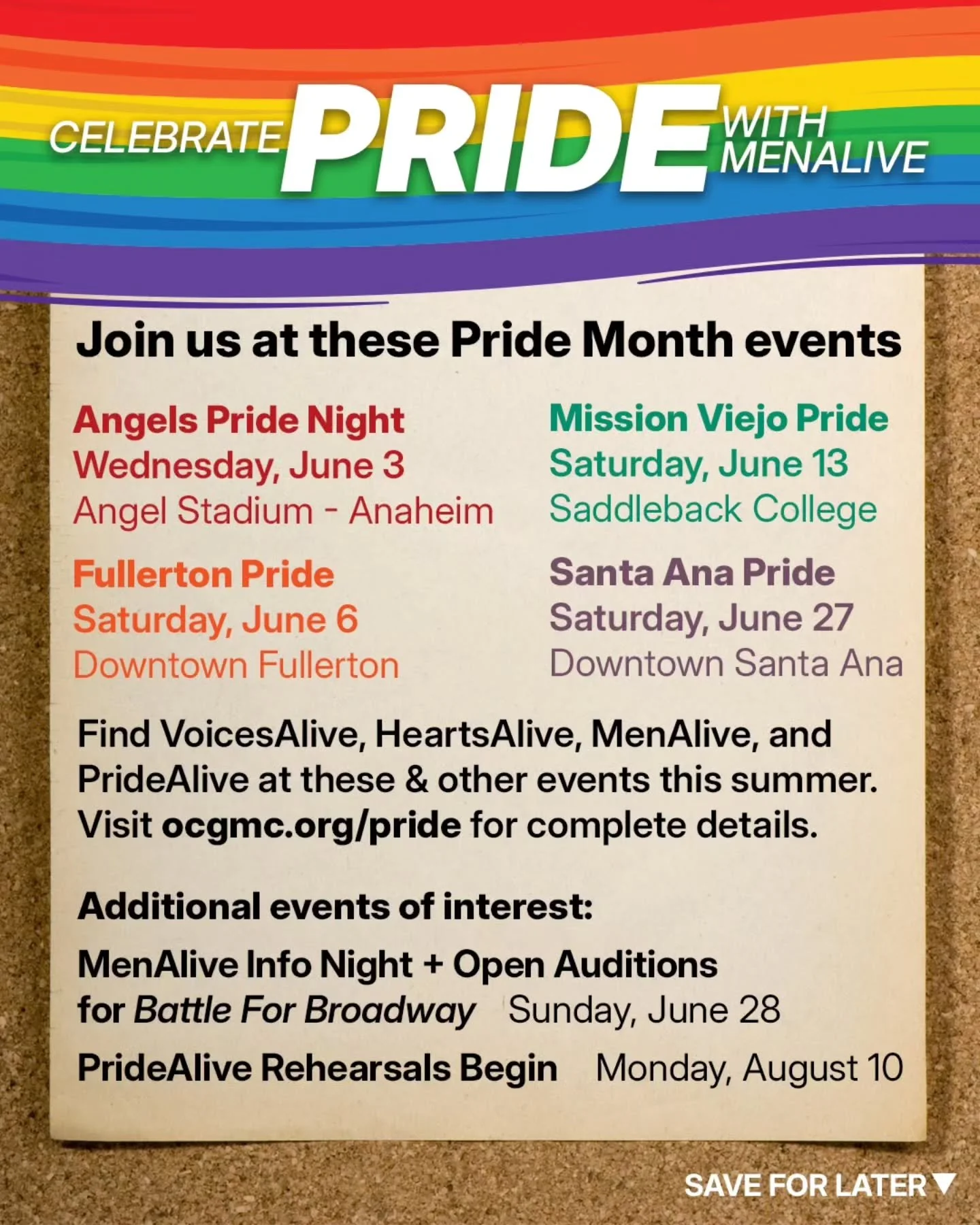 Join us at these Pride Month events...

&bull; Angels Pride Night - Wednesday, June 3 - Angel Stadium - Anaheim
&bull; Fullerton Pride - Saturday, June 6 - Downtown Fullerton
&bull; Mission Viejo Pride - Saturday, June 13 - Saddleback College
&bull; 