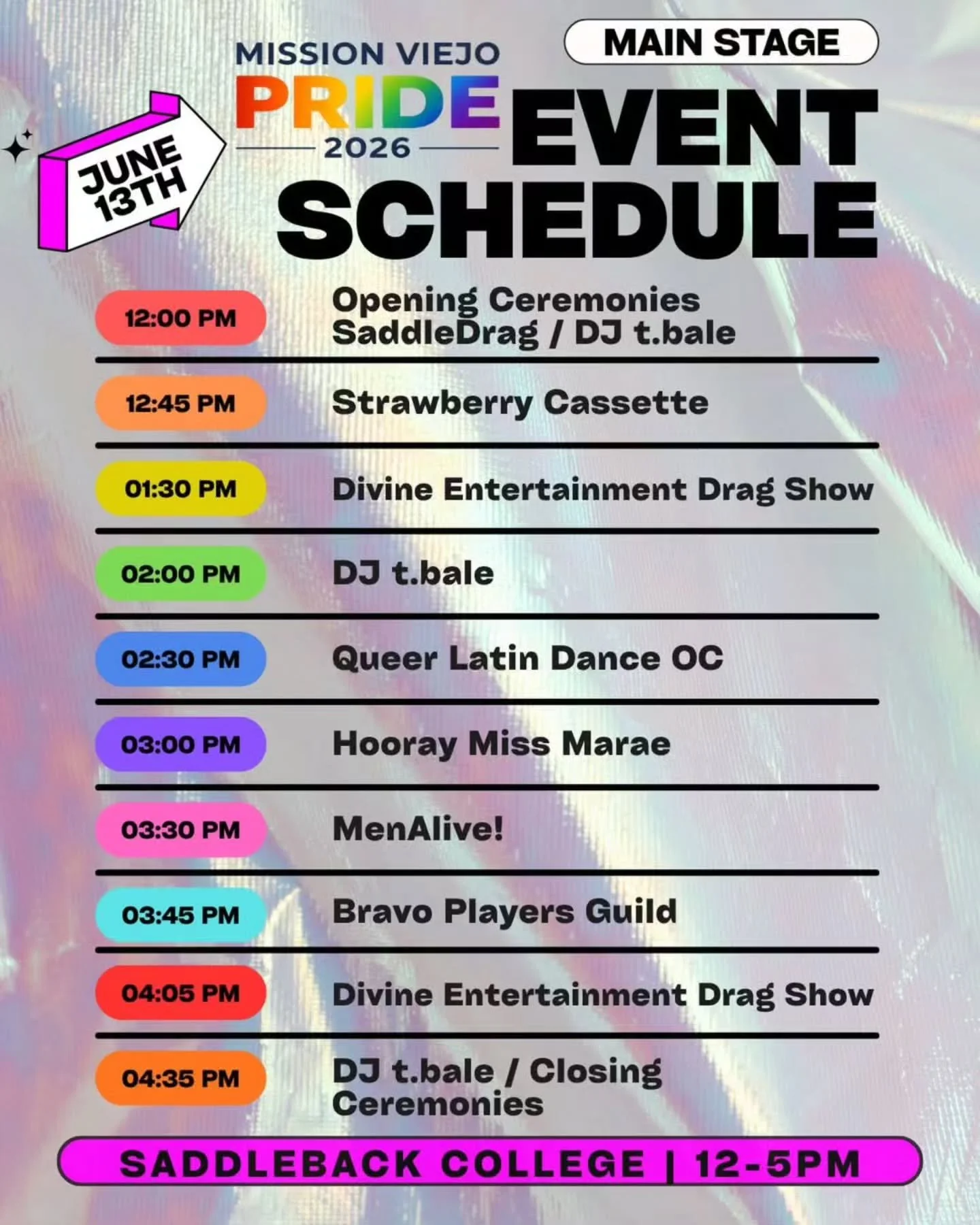 For the third year in a row, we're joining @missionviejopride, this Saturday! Catch us live on the Main Stage at 3:30 p.m.! We hope to see you there. 🌈

Mission Viejo Pride's third annual Pride event takes place this Saturday, June 13,  from 12:00-5