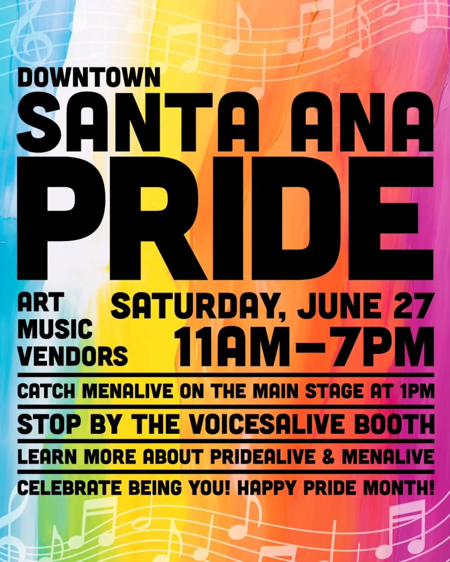 Are you ready for Santa Ana Pride this Saturday, June 27? Swing by downtown Santa Ana for art, music, vendors, community, and so much more!!! 🌈 Catch @menalivechorus on the main stage at 1:00 p.m., stop by the @voicesaliveoc booth to learn about (an