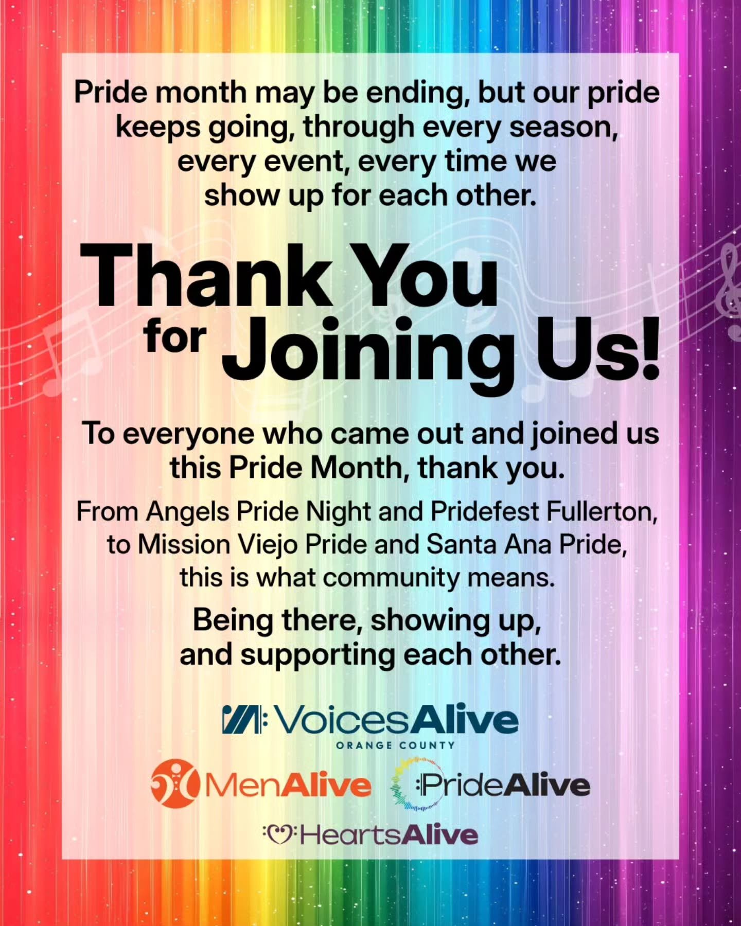 Thank you to everyone who came out and joined us at events this Pride Month! It means the world to us. From signing up for @menalivechorus and @pridealiveoc or learning about @voicesaliveoc, thank you. Pride lives all year long! 🌈

Thank you to our 