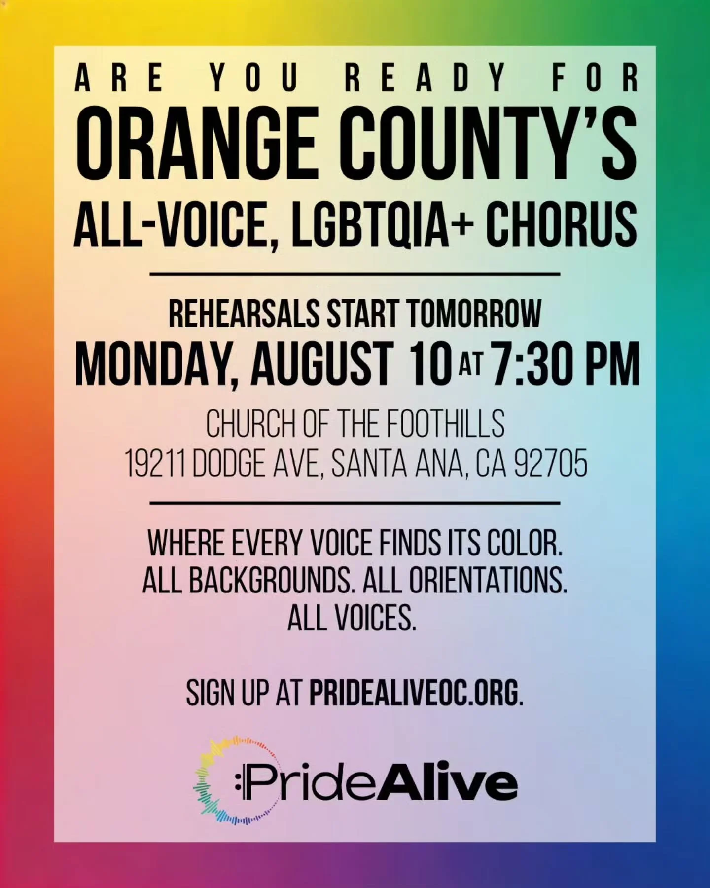 Tomorrow is the day... the first rehearsal of @pridealiveoc, Orange County's all-new, all-voice, LGBTQIA+ chorus. Want to sing? Let's hear those notes. Come join PrideAlive! 🏳️&zwj;🌈

Rehearsal starts at 7:30 pm, tomorrow, August 10 at the Church o