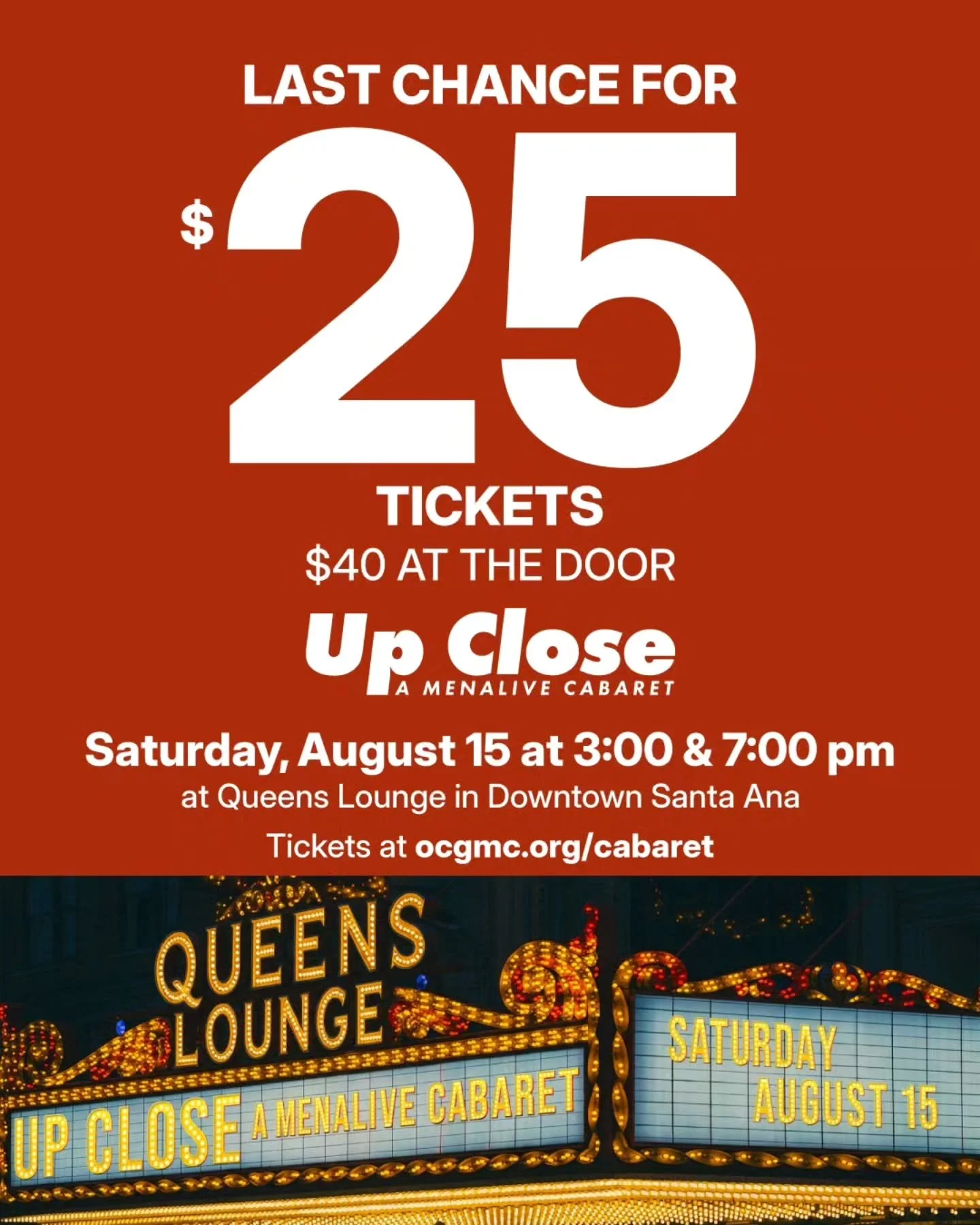 Last chance for $25 tickets! $40 at the door tomorrow!

You can't miss this event... You're gonna love the songs and stories you'll be hearing. ❤️ Invite your friends too. Tickets are going fast. 

🎟️ Link in bio or ocgmc.org/cabaret

#cabaret #mena