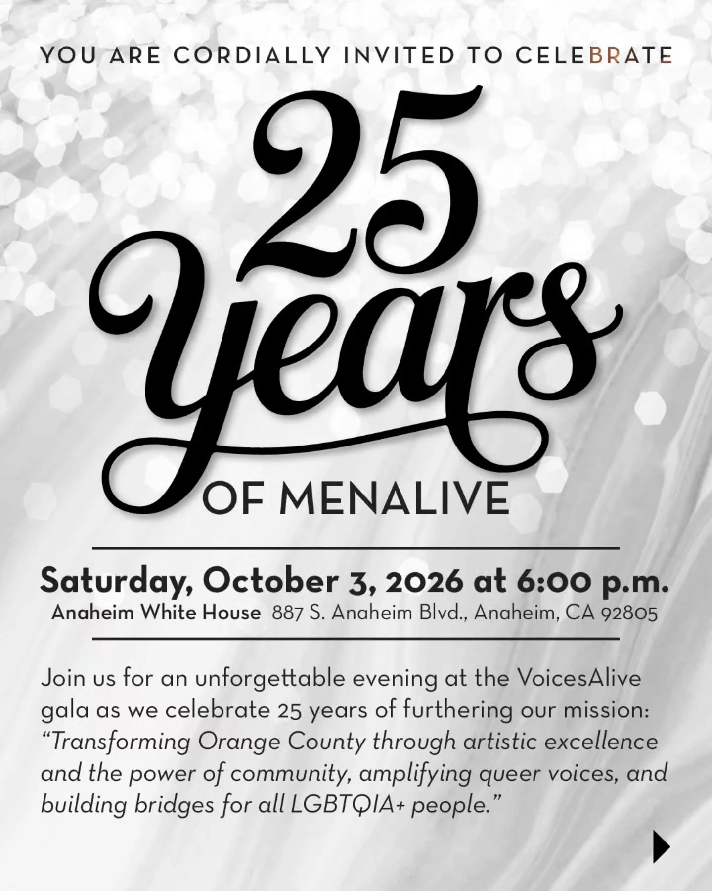 25 years. One incredible milestone! 🎉

Join us on Saturday, October 3 as MenAlive celebrates 25 years with a gala evening at the Anaheim White House. 

We're honoring Carrie Freitas and Zeena Dhalla with the Rich Cook Community Bridge Award, plus a 